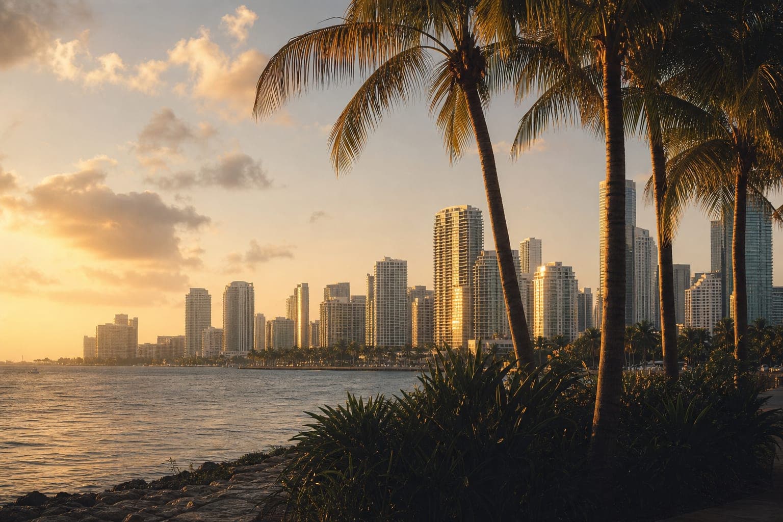 Miami waterfront skyline at golden hour