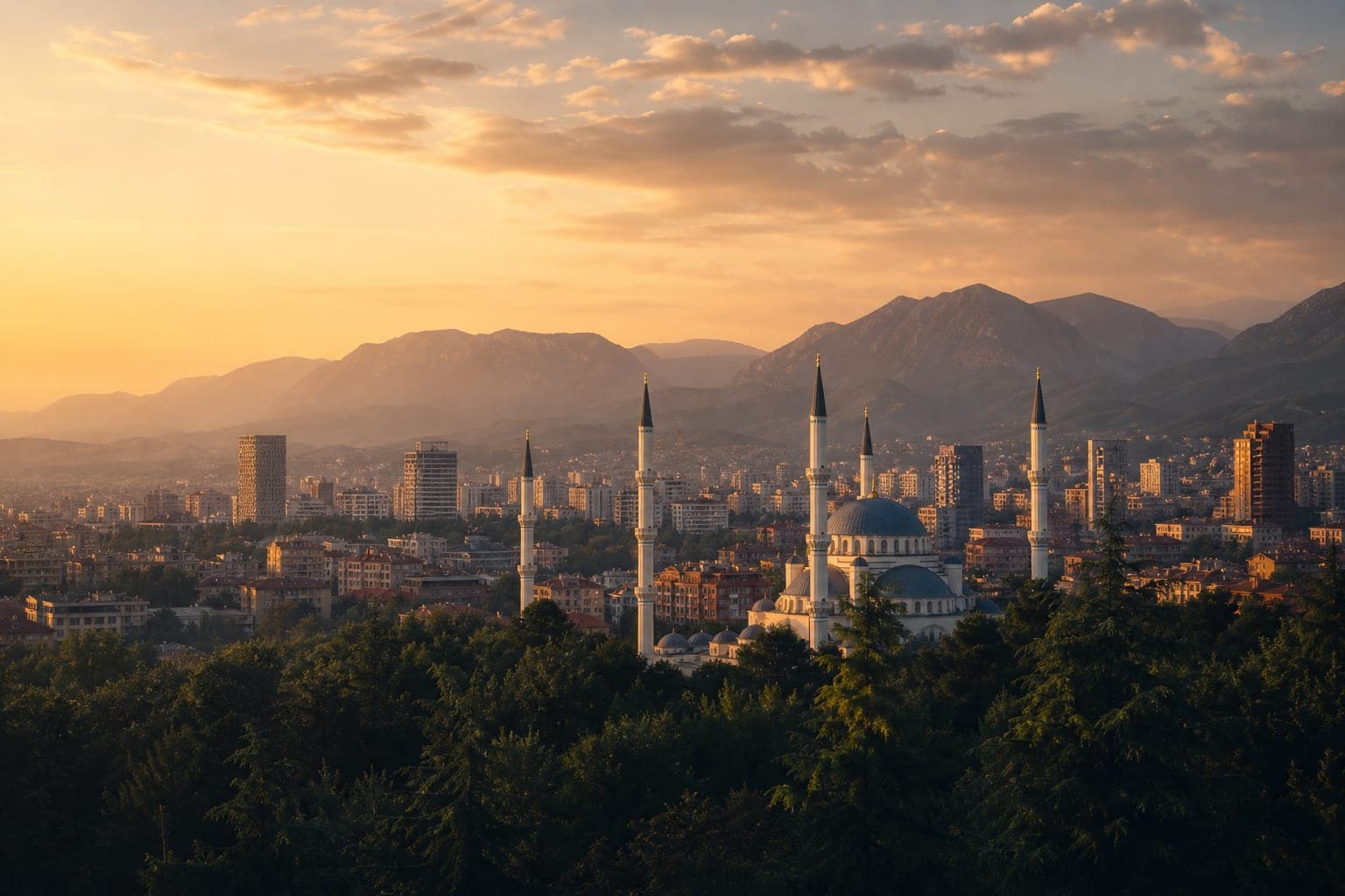 Tirana cityscape with mountains at golden hour